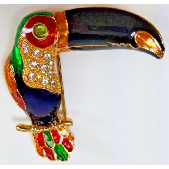 Toucan Figural Brooch Pin Rhinestones Enamel Gold Tone Multi Color Bird 2.25 in - Picture 10 of 10